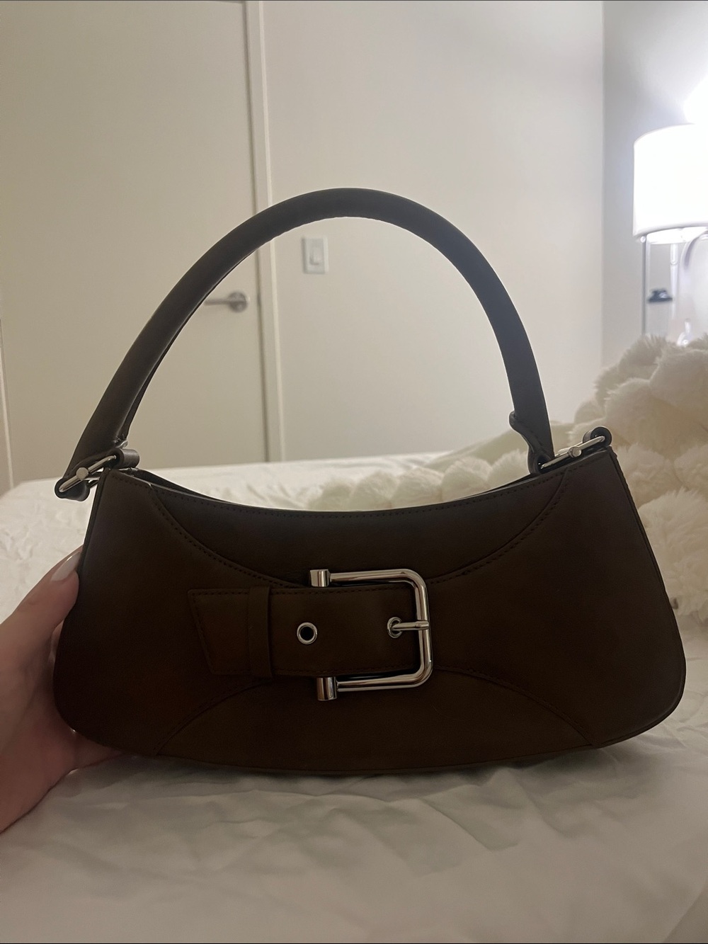 Structured Mini Shoulder Bag in Rich Brown with Buckle Accent